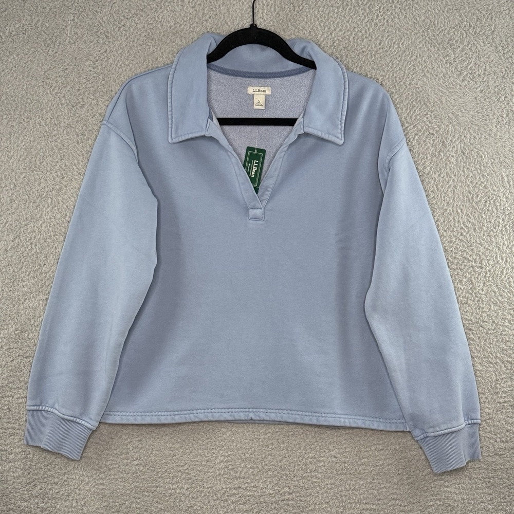 L.L. Bean Women's Sunwashed Sweats Split neck Polo Small Blue Fleece Line Indigo